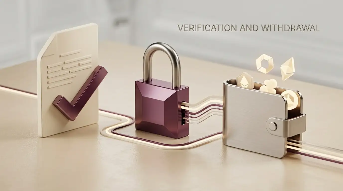 Conceptual illustration of cryptocurrency withdrawal and account verification